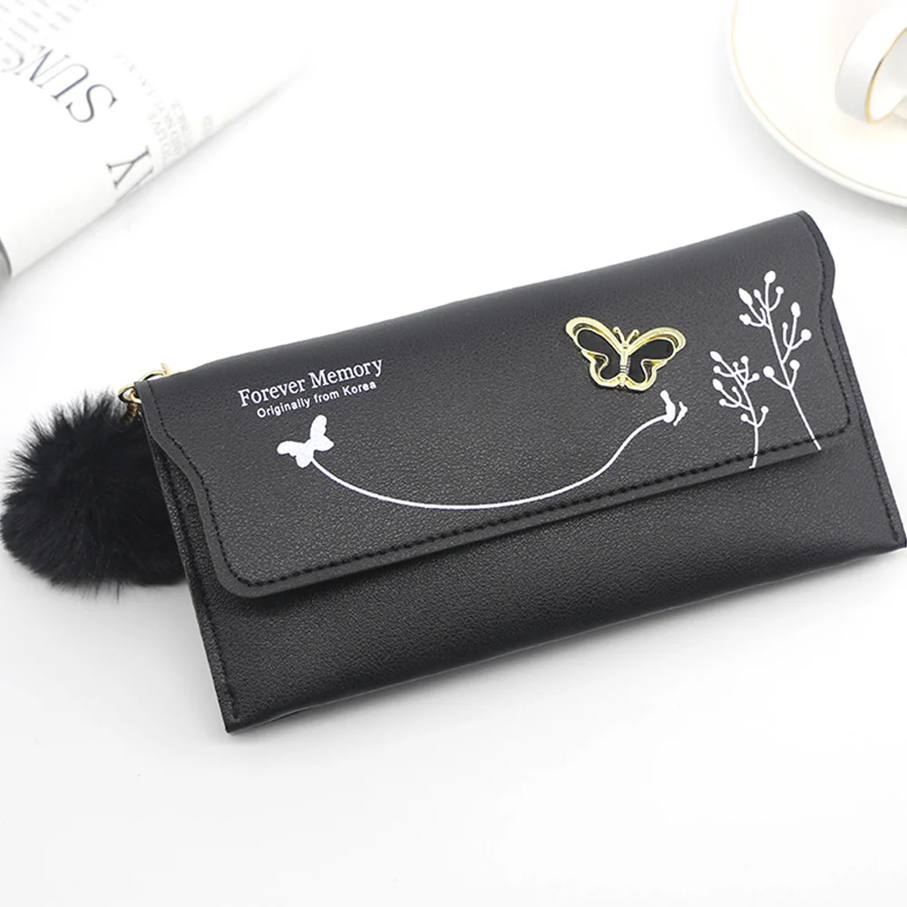 

Hot Sell Butterfly Print Wallet For Women Hasp Long Ladies Wallet Card Purse PU Leather Wallet With Fur Ball Ornaments Phone Bag