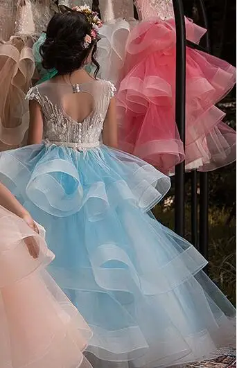 Синий Vestido Comunion/детские шикарные Бальные платья; Платья с цветочным узором для девочек; Пышные Многослойные платья с открытой спиной и рукавами-крылышками - Цвет: Синий