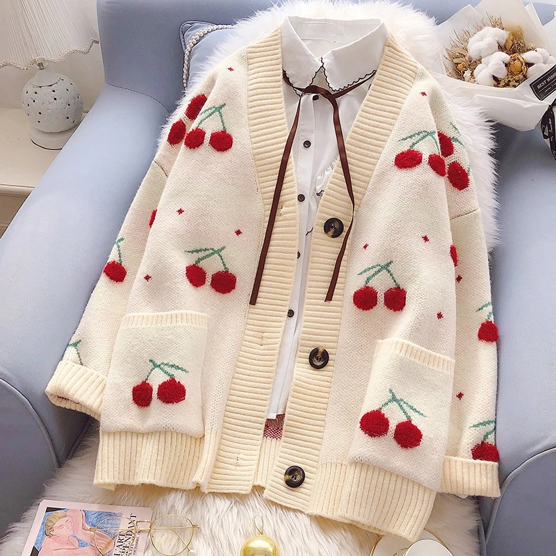 

Woman Sweater Cardigan Jacket Winter Warm Knitwear Fruit Cherry Embroidery Knitted Cardigan Autumn 2021 V Neck Oversize
