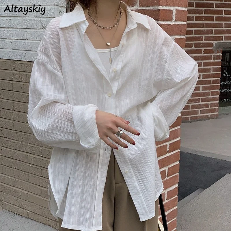 

Shirts Women White Thin Summer Sun-proof Long Sleeve Casual Outwear Loose Simple Vintage All-match Korean Stylish Ins Leisure BF