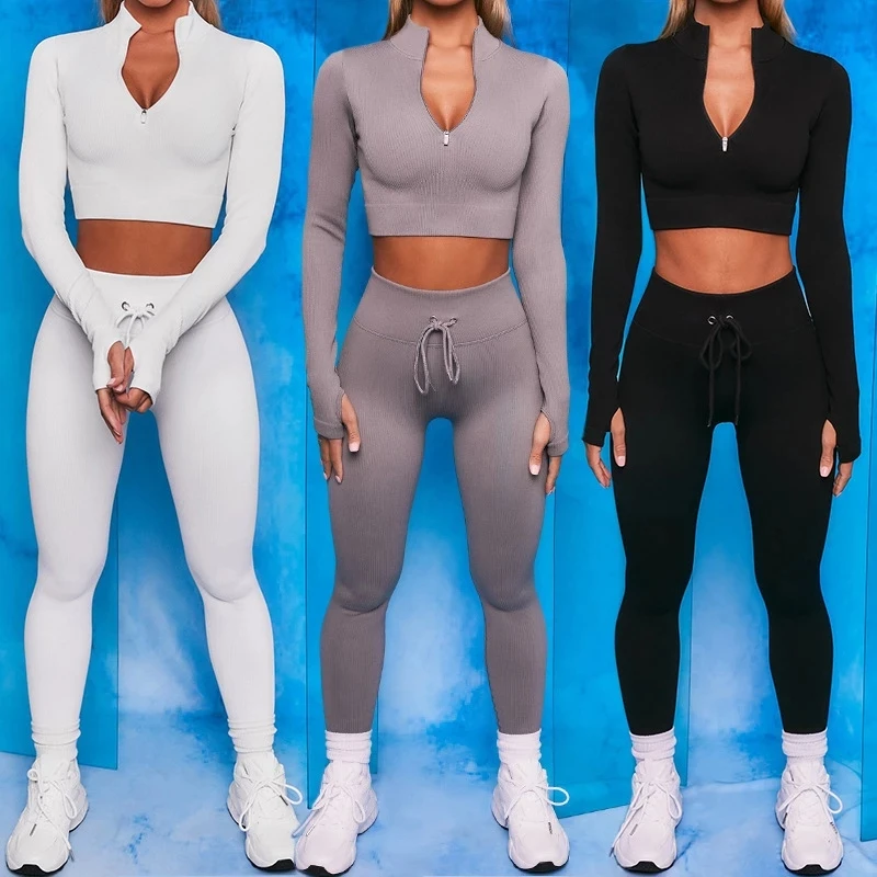 

2022 Two Piece Sets Women Gym Clothing Sexy Zipper Long Sleeve Crop Top Ribbed Seamless Leggings Sports Set Fitness Tracksuit