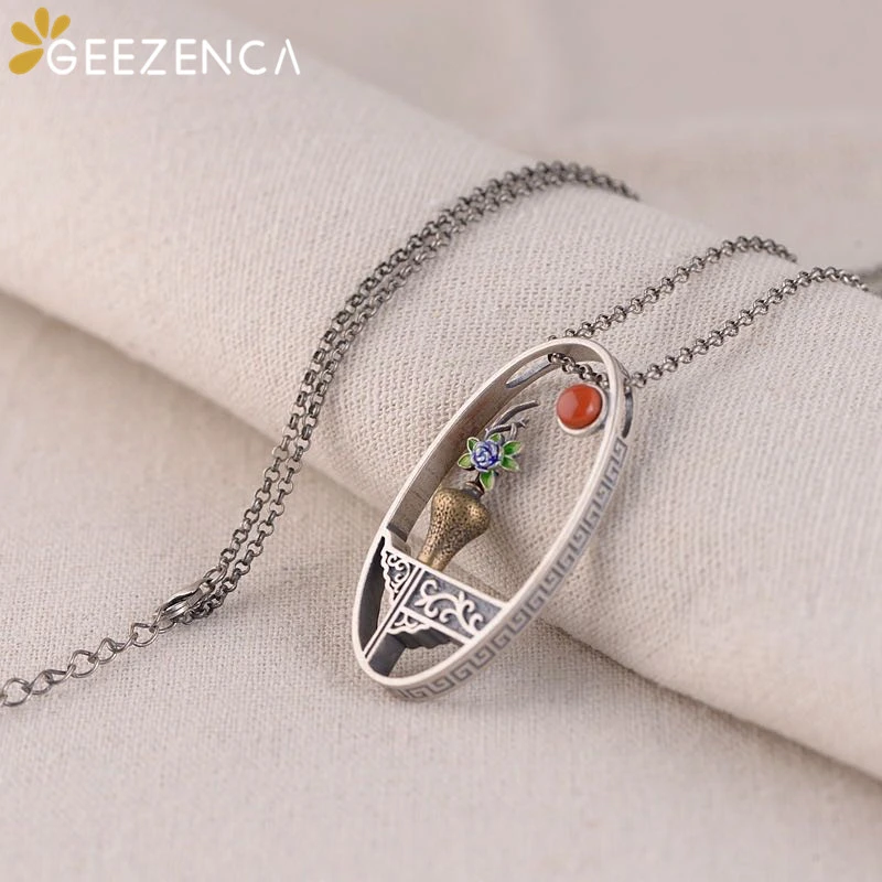 

Vintage 925 Sterling Silver Handmade Enamel Flower Vase Pendant Necklace Retro Unique Ethnic Necklaces 2020 Newest Fine Jewelry