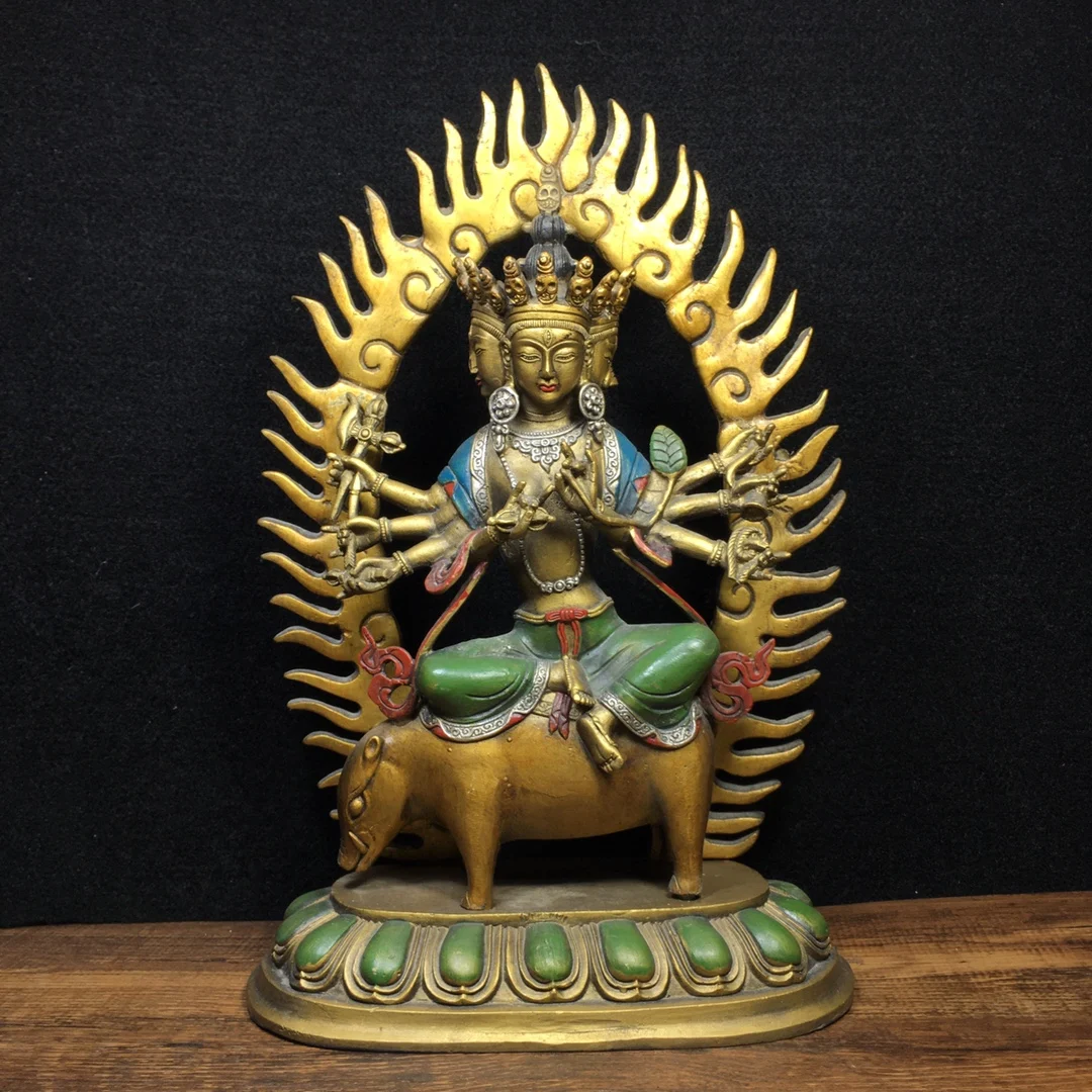 

12"Chinese Folk Collection Old Bronze Painted Mori Chiten Buddha Statue Riding a pig Bright Forme Ornaments Town House Exorcism