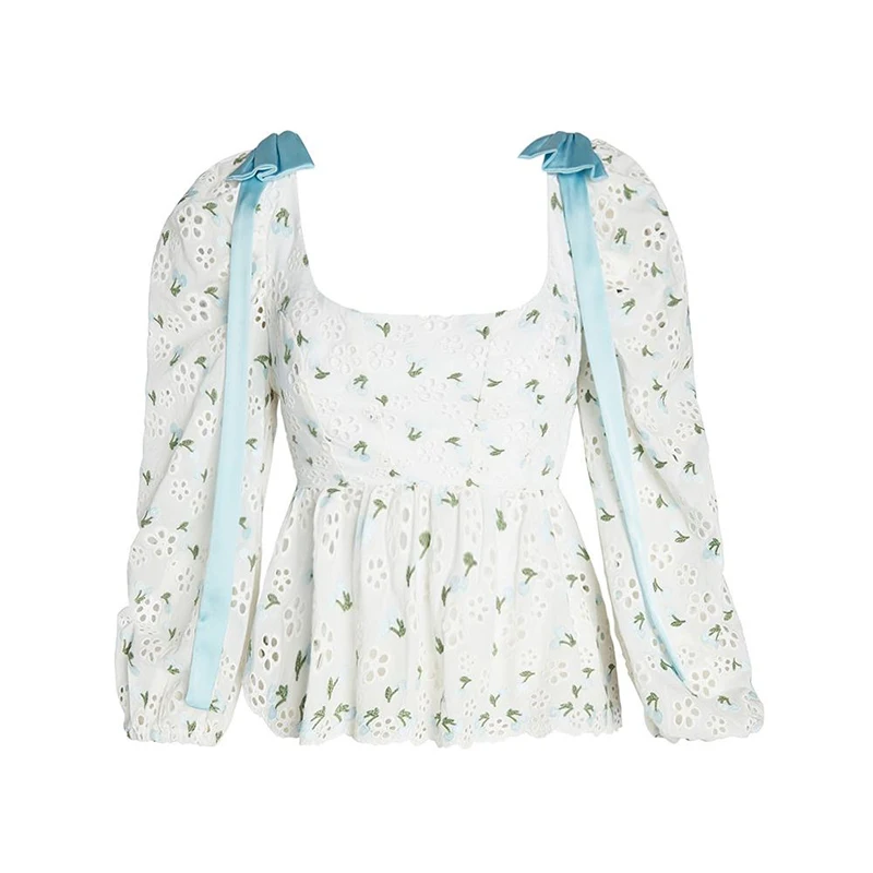

Rowling Embroidered Cherry Eyelet Blouse Women Shoulder Bow Lace-up Back Womens Tops And Blouses Asymmetrical Summer Tops 2020