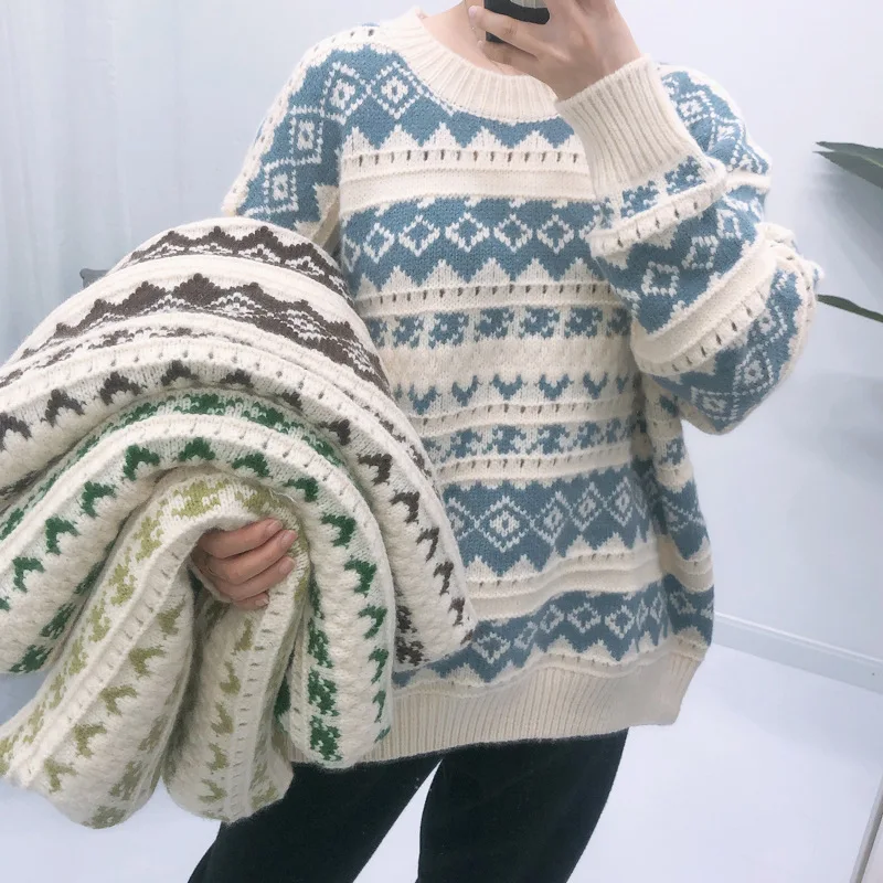

Winter Women Pullovers Regular Sweet Long Sleeve O Neck Print Sweater Top
