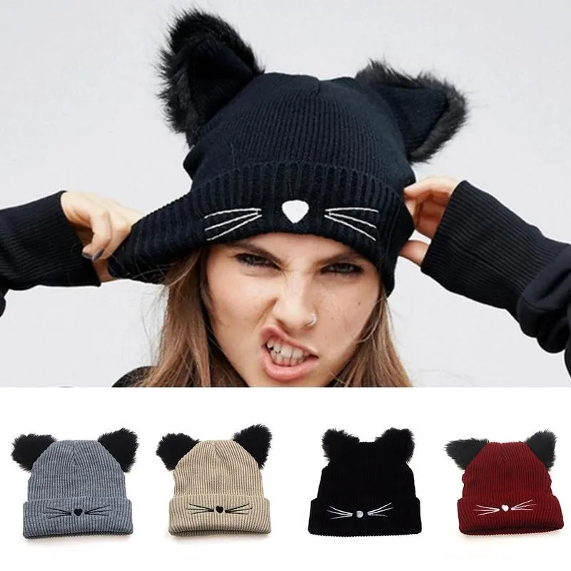 

1pc Winter Casual Cat Ear Knitted Hat Warm Beanies Embroidered Accessories Knit Windproof Cap Skull Beanies For Unisex Cap W3Z7