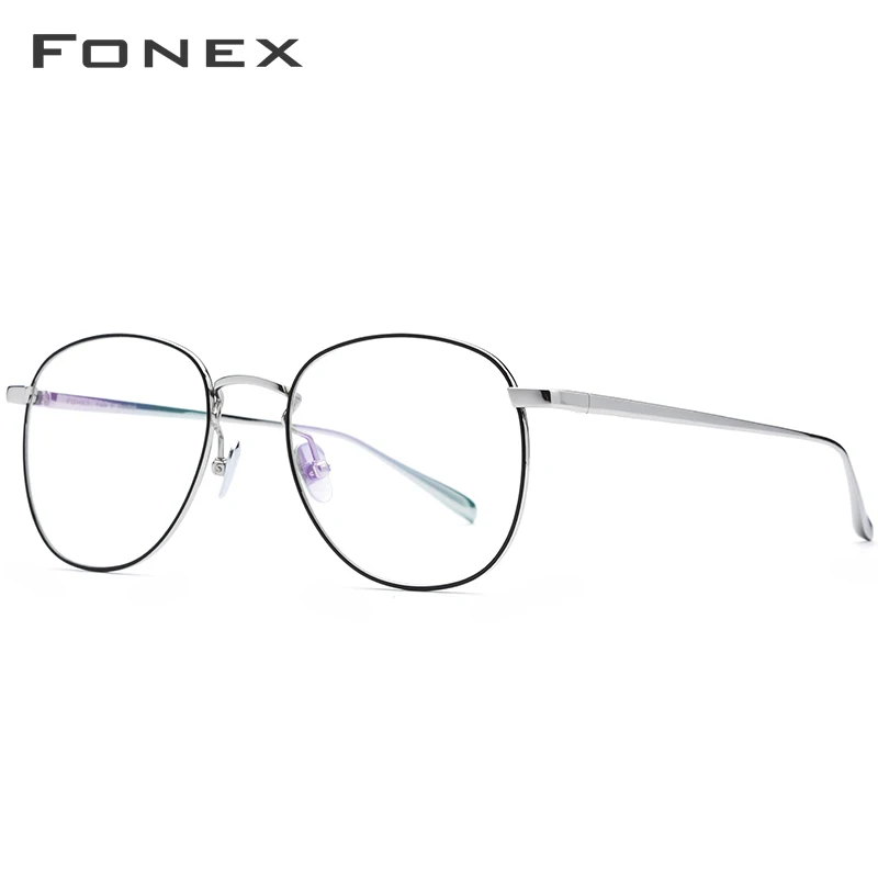 FONEX, чистый титановый рецепт, очки для мужчин, ультралегкие, Ретро стиль, круглые, близорукость, оптические очки, оправа для женщин,, ретро очки, 883 - Frame Color: Black Silver