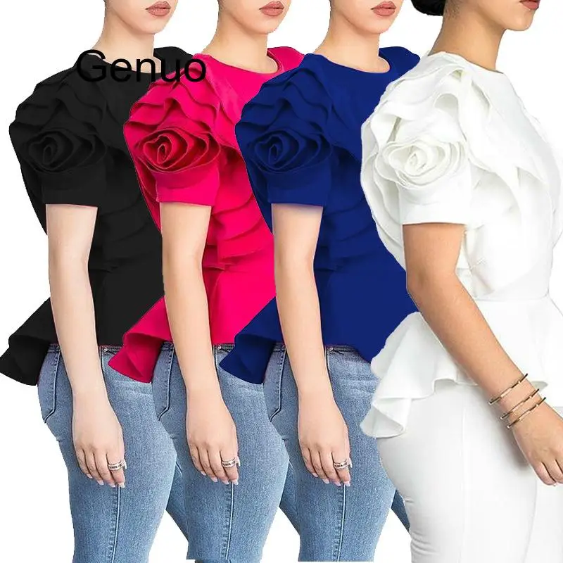 Women Blouse Tops Shirt Layers Petal Sleeves Elegant Fashion Spring Summer Rose Red Blue Black White Bluas Ruffles Classy Lady