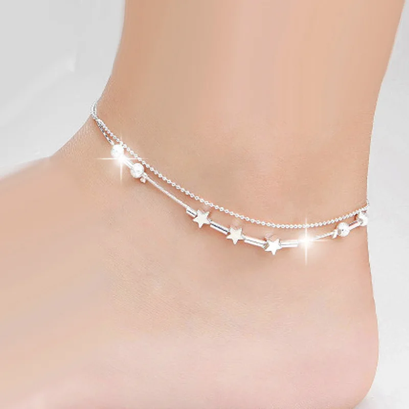 

New Sexy Barefoot Jewelry Plata star beads star mix design Double-deck anklet for women girl silver color Foot Bracelet
