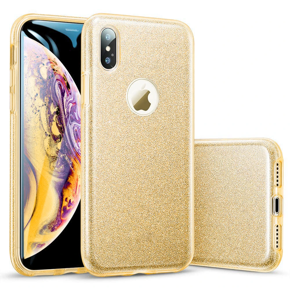Gold Чехол из поликарбоната+ ТПУ+ Блеск Блестящий Футляр для iphone 11 Pro XS макс 7 8, 6, 6S Plus, X XR 3 Слои Bling милый мягкий силиконовый чехол - Цвет: Gold