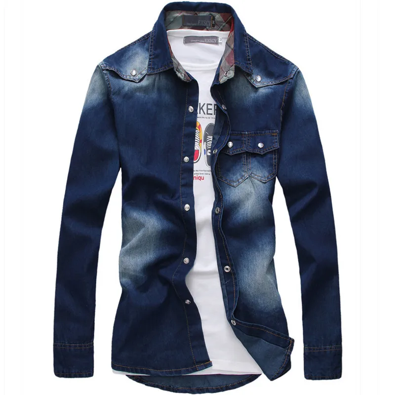 Осенняя рубашка Для мужчин джинсовая решетки дизайн тонкий мужской рубашки