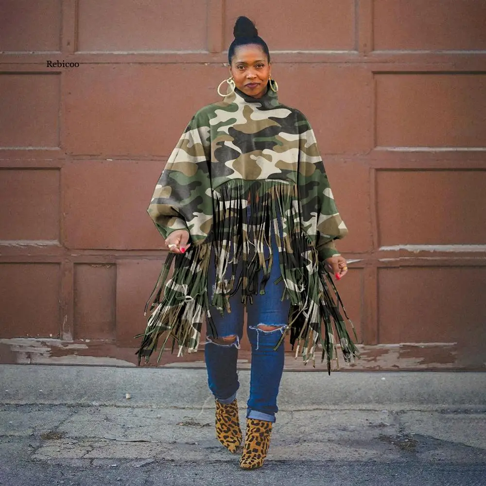 

Осенне-зимнее модное женское пальто с бахромой и леопардовым принтом, женская Свободная Повседневная Водолазка с длинным рукавом и бахромо...