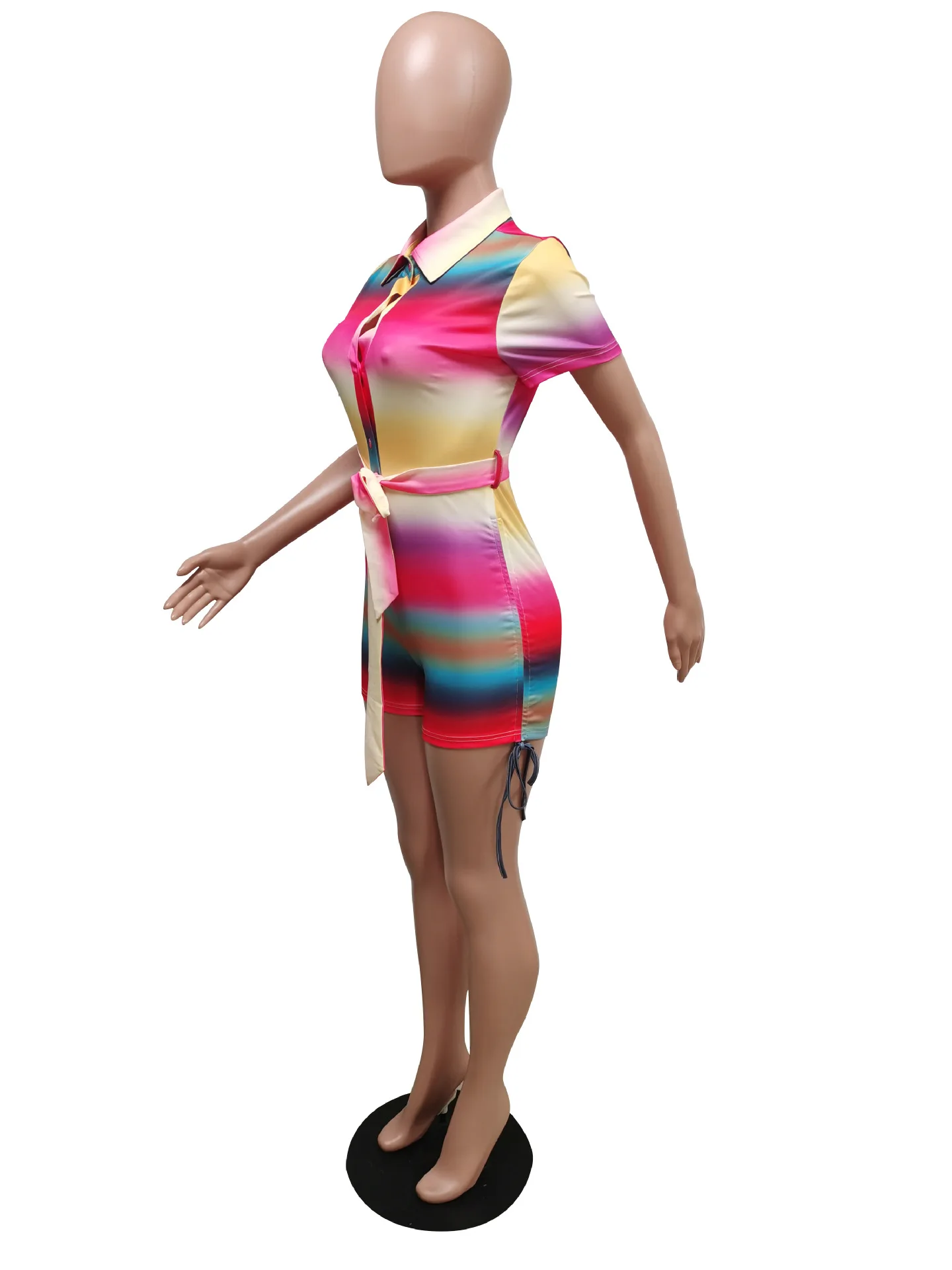 

Rainbow Stripe Women Rompers Shirt Neck High Waist Skinny Biker Playsuit Sexy Deep V Neck Club Party One Piece Workout Outfits