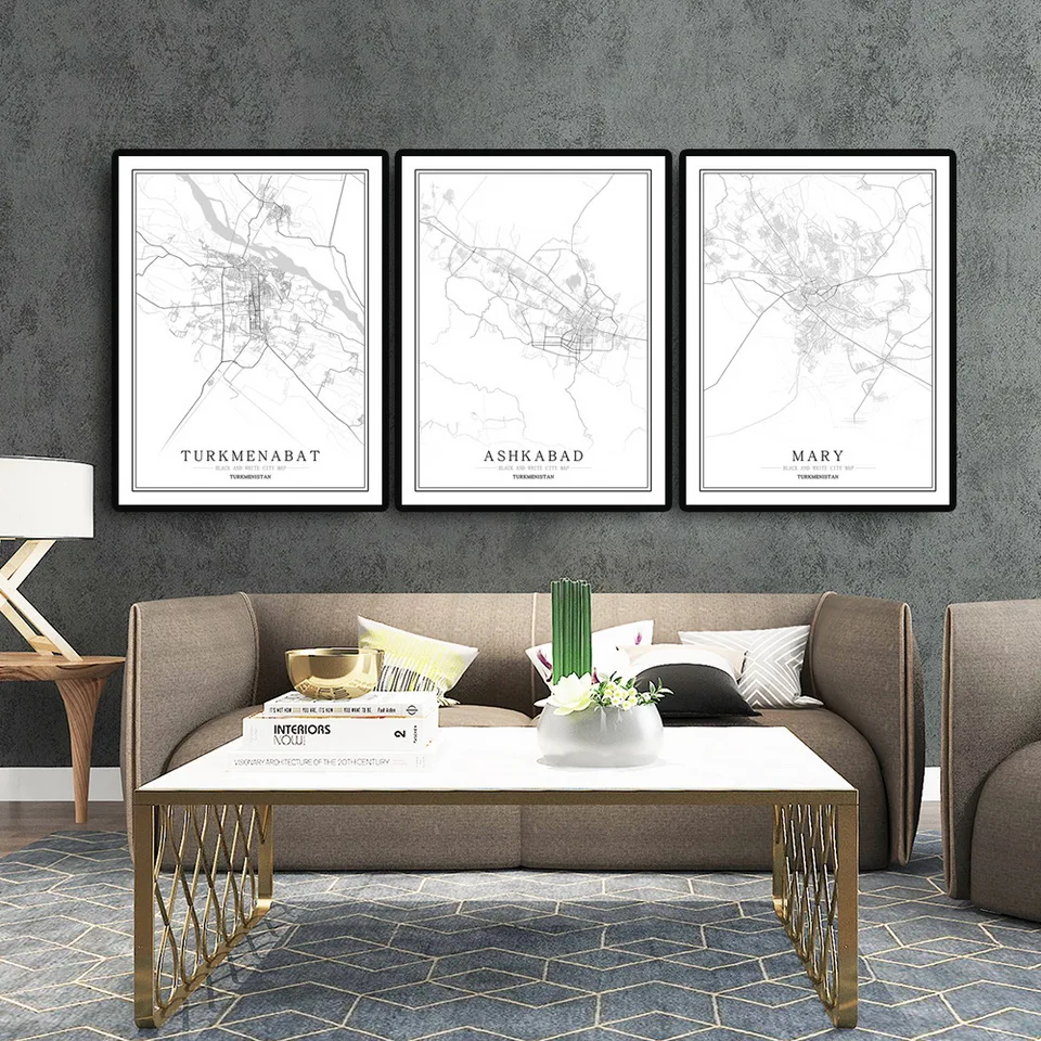 Черно-белая карта Туркестана Постер в скандинавском стиле для гостиной Ashkabad