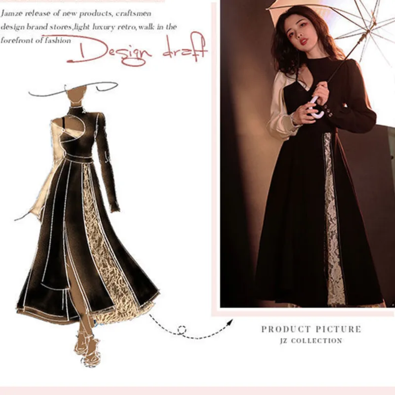 Женское винтажное платье с длинным рукавом черное высокой талией и разрезом |