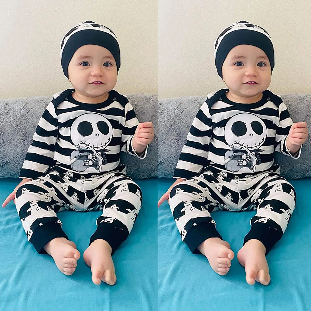 Baby Boy Girl Clothes Newborn Infant Winter Autumn Cartoon Romper Pants Hat Halloween Skull Clothing 3pcs Children Outfits Set | Детская