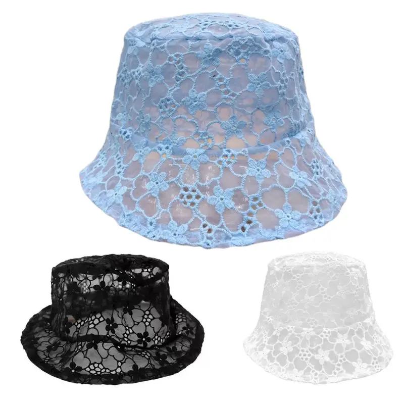 

Women Summer Hollow Out Wide Brim Bucket Hat Embroidery Floral Lace Solid Color Floppy Beach Vacation Fisherman Cap