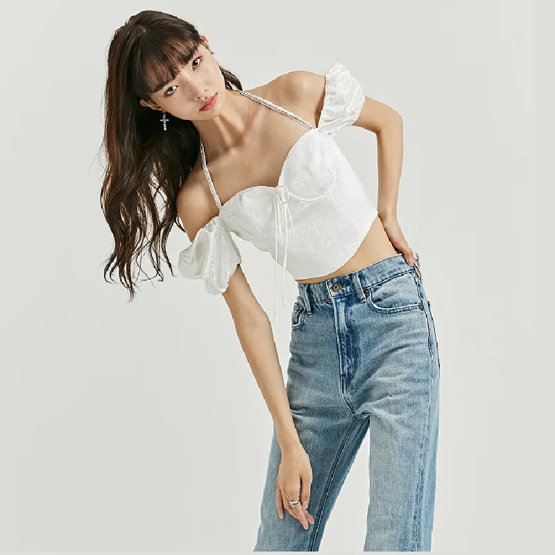 2021NEW French retro square collar palace style neck jacquard top, one-shoulder all-match slim slimming short-sleeved T-shirt