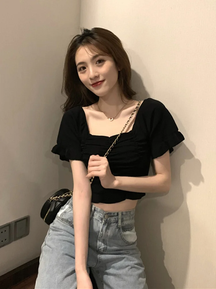 Женский короткий топ с открытым пупком коротким рукавом|Футболки| |