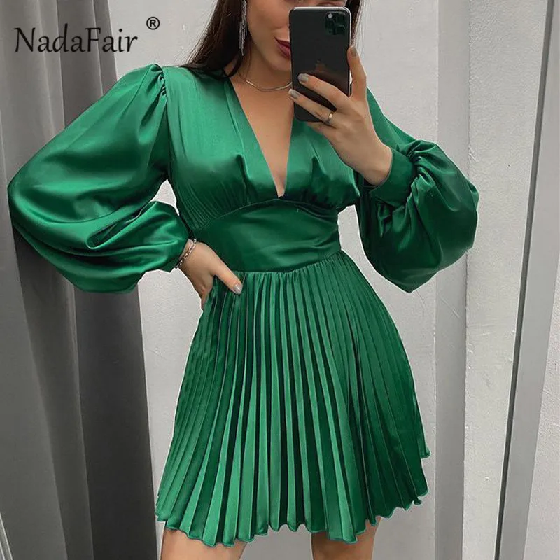 Nadafair Long Sleeve Mini Satin Dress Sexy V Neck Pleated Vestidos Women High Waist A-Line Tunics Green Blue Party Dress 2022
