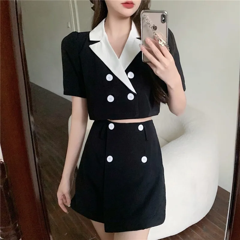 

2021 summer fashion temperament Women Double breasted V neck short Sleeve Short Tops + High Waist Short Skirt Two-piece Set
