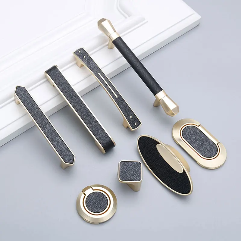

Black leather handle cabinet door handle solid zinc alloy European style kitchen cabinet handle drawer handle furniture hardware