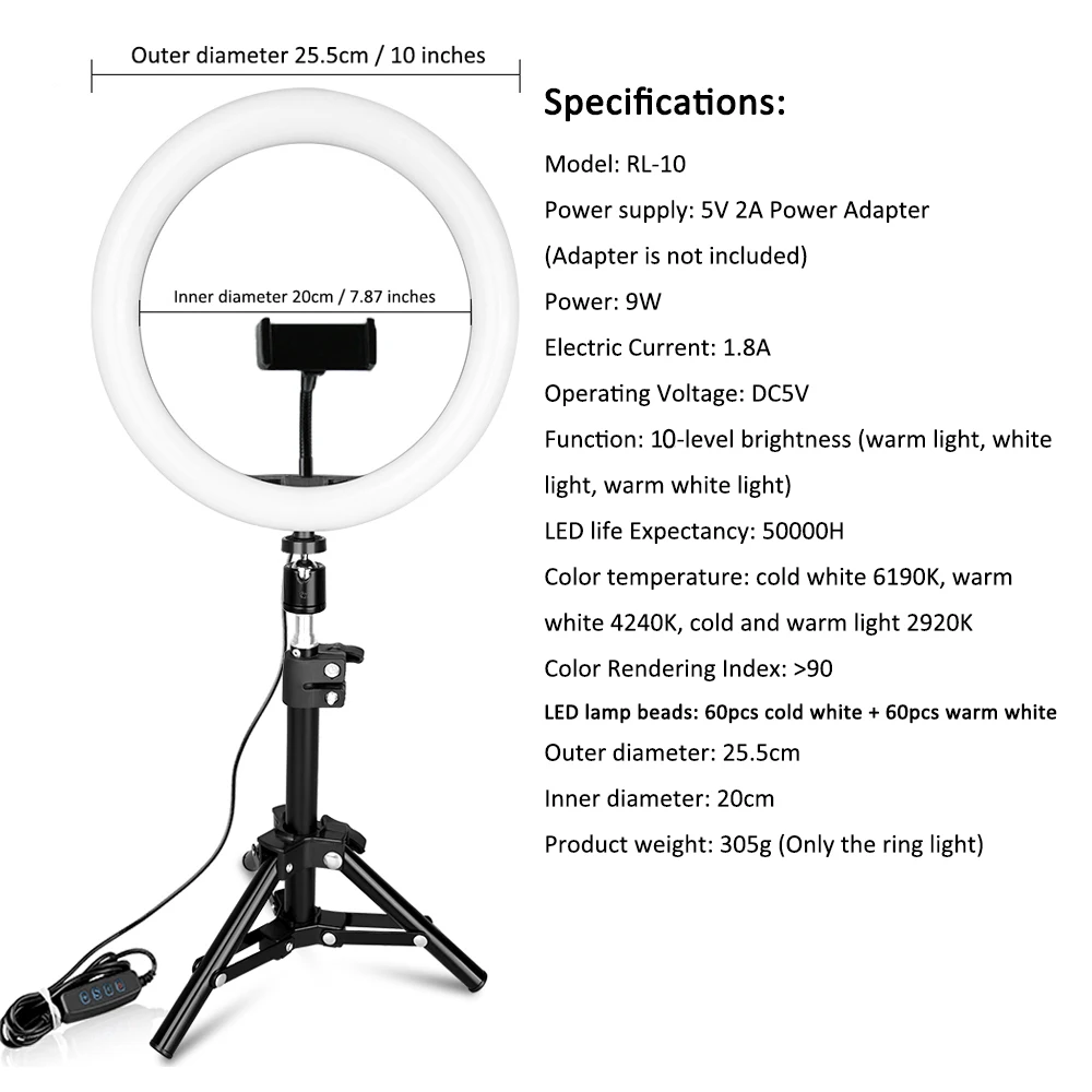 Capsaver RL-10 светодиодный светильник-кольцо с регулируемой яркостью 26 см USB лампа-кольцо для макияжа с держателем для телефона Штатив для селфи камеры Youtube