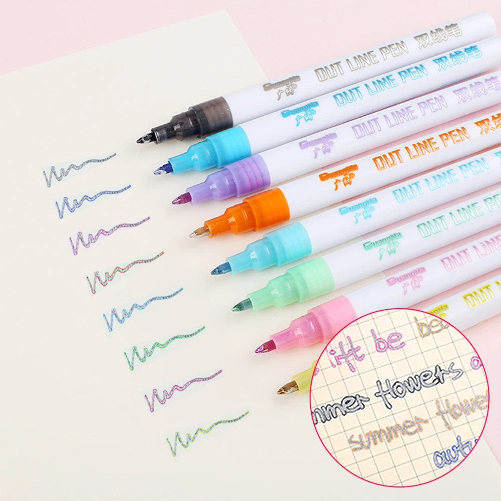 Маркеры для рисования металлические двойные линии 8 цветов | Канцтовары офиса и