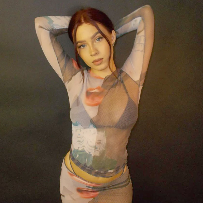 Футболка женская сетчатая с принтом прозрачный кроп-топ в стиле Харадзюку