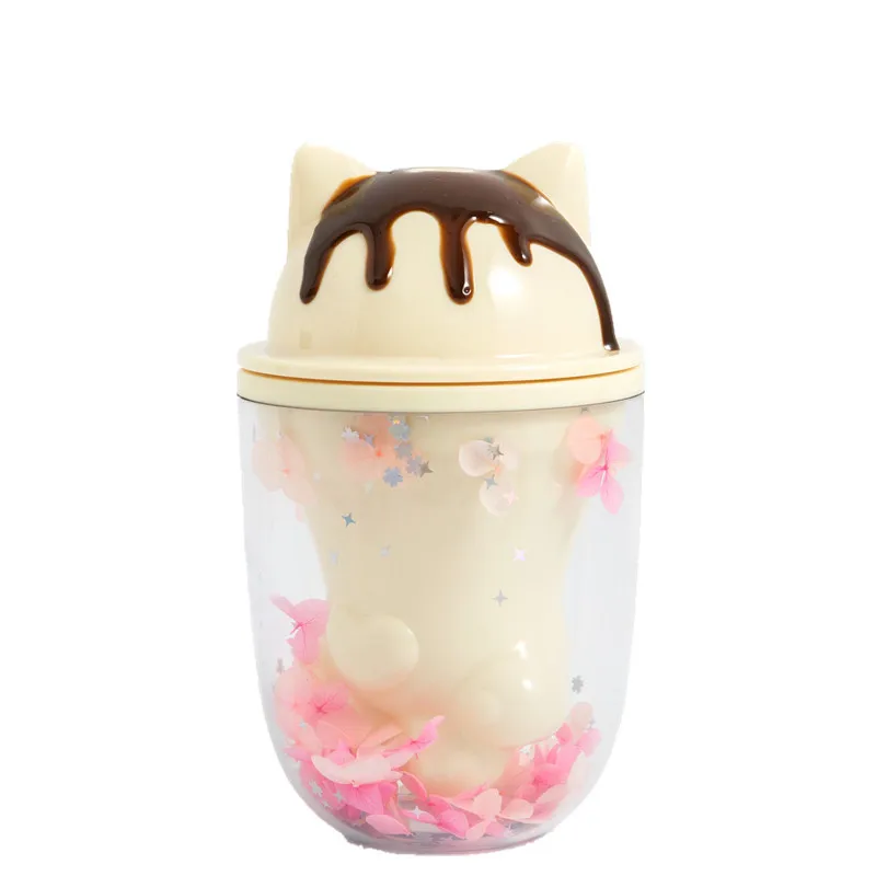 

Creative Kawaii cat claw double layer plastic water cup girl heart fashion straw cup light double layer lovely petal cat cup