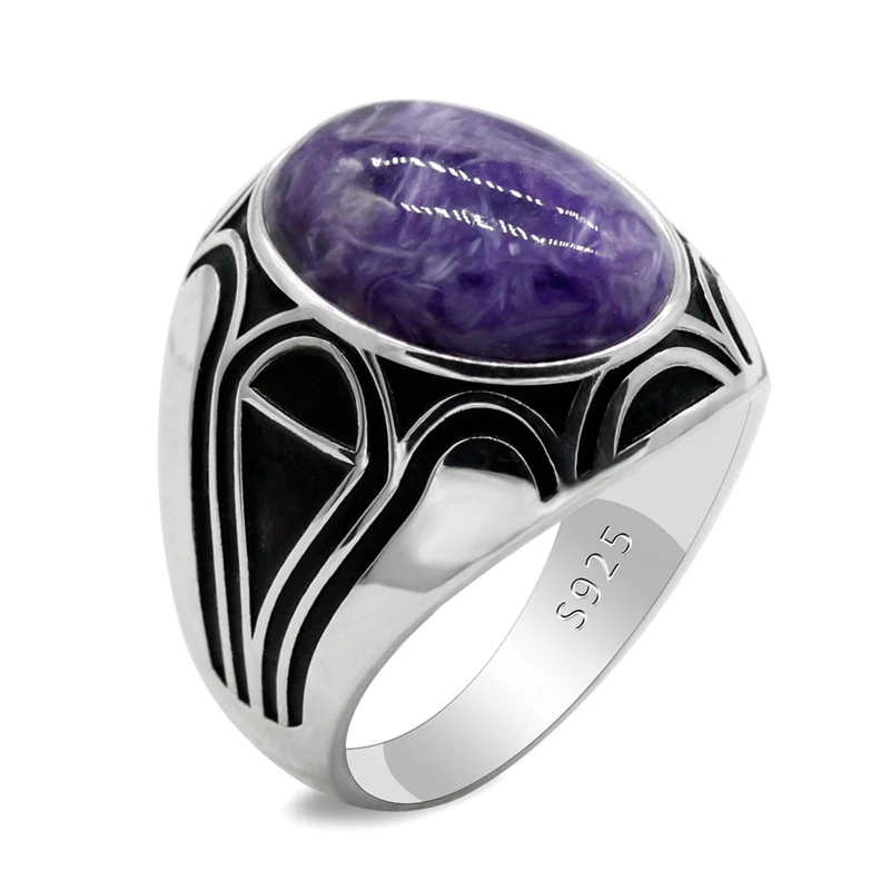 

925 пробы серебро Для мужчин кольцо с Природный чароит овальное кольцо с фиолетовым камнем для мужской Для женщин Для мужчин тайский серебря...