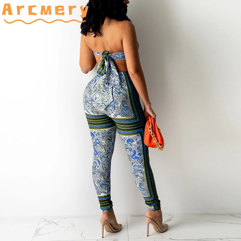 

Women Backless Retro Printed Strapless Top & Bodycon Skinny Pants