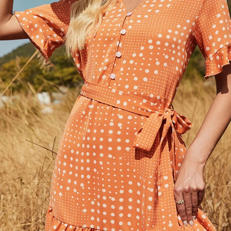 

213SD-JK8323 // Casual Strap Short Sleeve V-neck A Word Lotus Printed Dress