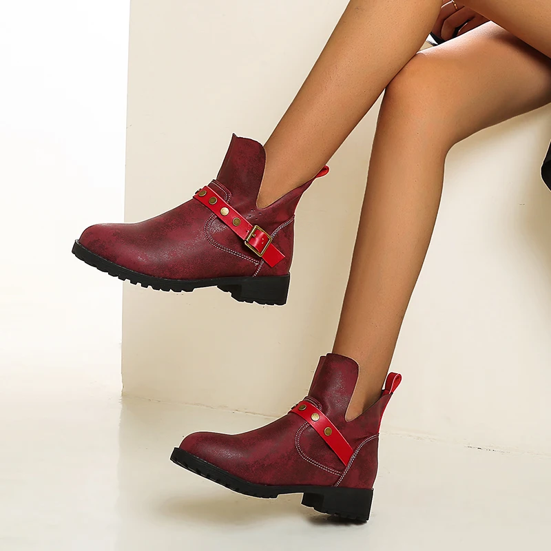 

Vintage Women's Ankle Boots Shoes New 2020 Winter Motorcycle Boots Block Heels Black Short Boots Fashion Large Size 41-43