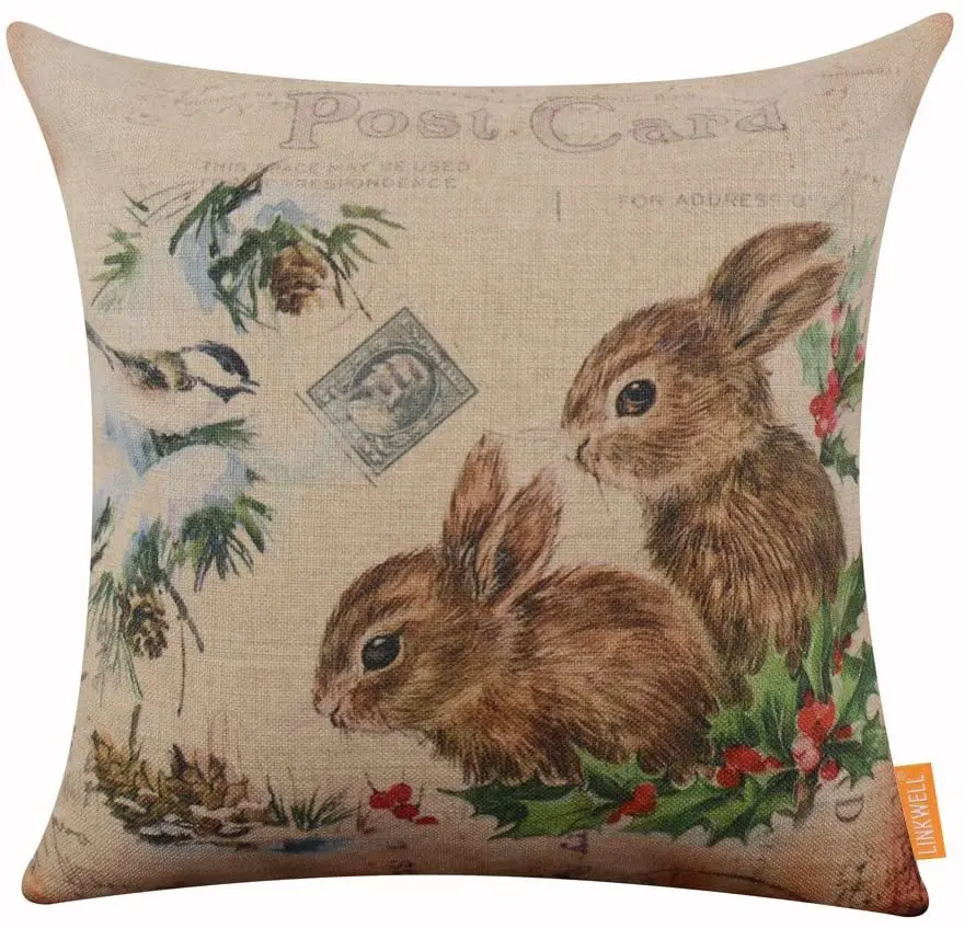 

Merry Christmas Cute Bunny Rabbit Burlap Throw Cushion Cover Pillowcase CC1199