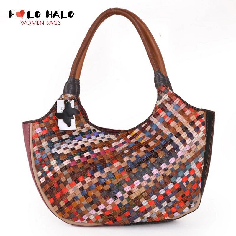 

Fashion Shoulder Bags Female Purses and Handbags Hand Weave Totes High Capacity Colourful Splicing Genuine Leather Desiger Bags