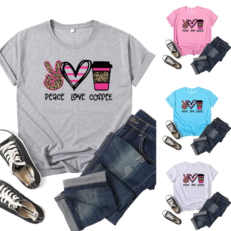 

Peace love coffee Letter Print Women T Shirt Short Sleeve ONeck Loose Women Tshirt Ladies Tee Shirt Tops Clothes Camisetas Mujer