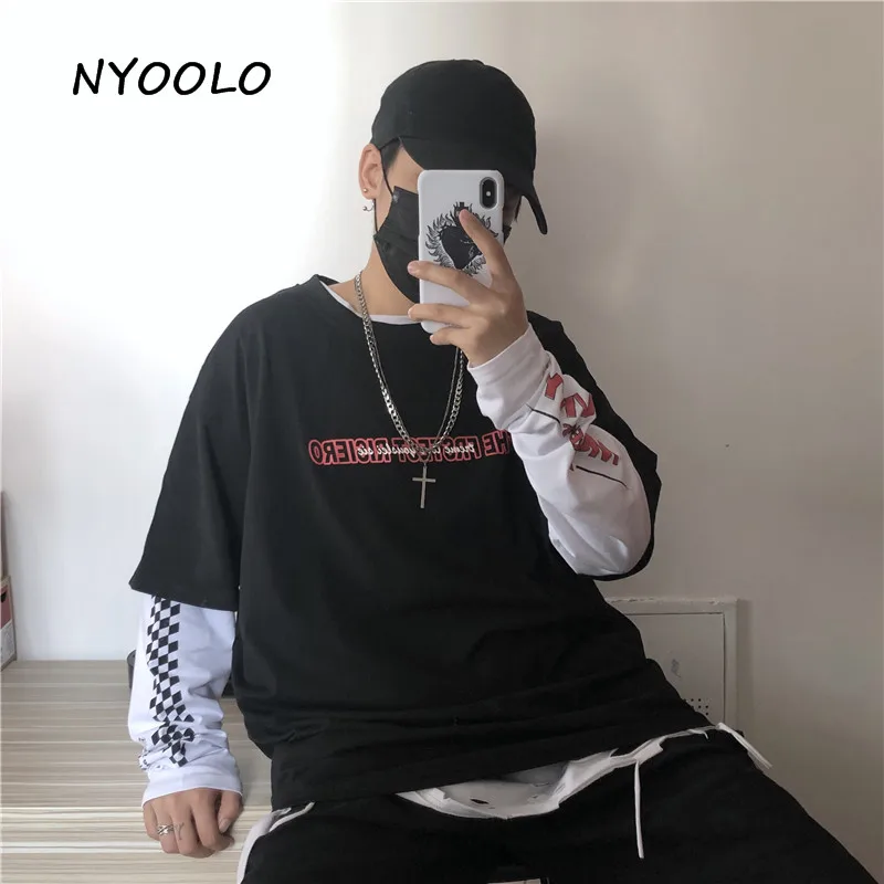 NYOOLO Harajuku винтажный с буквенным принтом фальшивый из двух частей клетчатый лоскутный Топ Осенняя уличная одежда с длинным рукавом Футболка женская мужская одежда