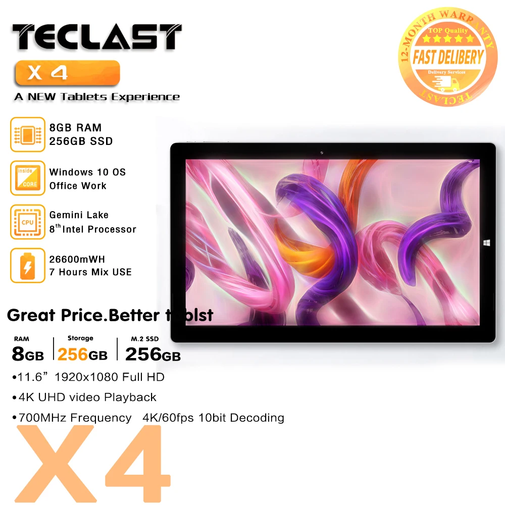 Teclast X4 Планшетные ноутбуки 2 в 1 11 6 дюймов 8 Гб RAM 256 ГБ SSD 1920x1080 Windows 10 Intel Gemini Lake N4100 HDMI