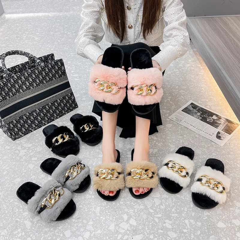 

Winter Fluffy Slippers Women Flat Shoes Warm Multicolored Faux Fur Indoor Slippers Cross Plush Open Toe Female Slippers