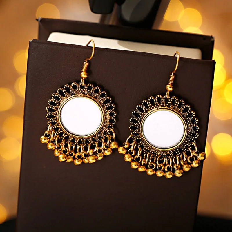 

Gypsy Egypt Golden Tassel Jhumka Earrings Retro Ethnic Round Mirror Dangle Earrings For WomenTurky Afghan Mexico Indian Jewelry