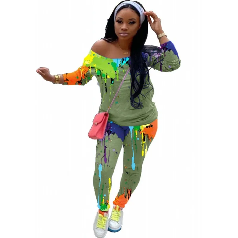 

Женский комплект из 2 предметов с принтом, Повседневная Осенняя спортивная одежда с длинным рукавом и вырезом лодочкой и брюки, размеры до 4XL