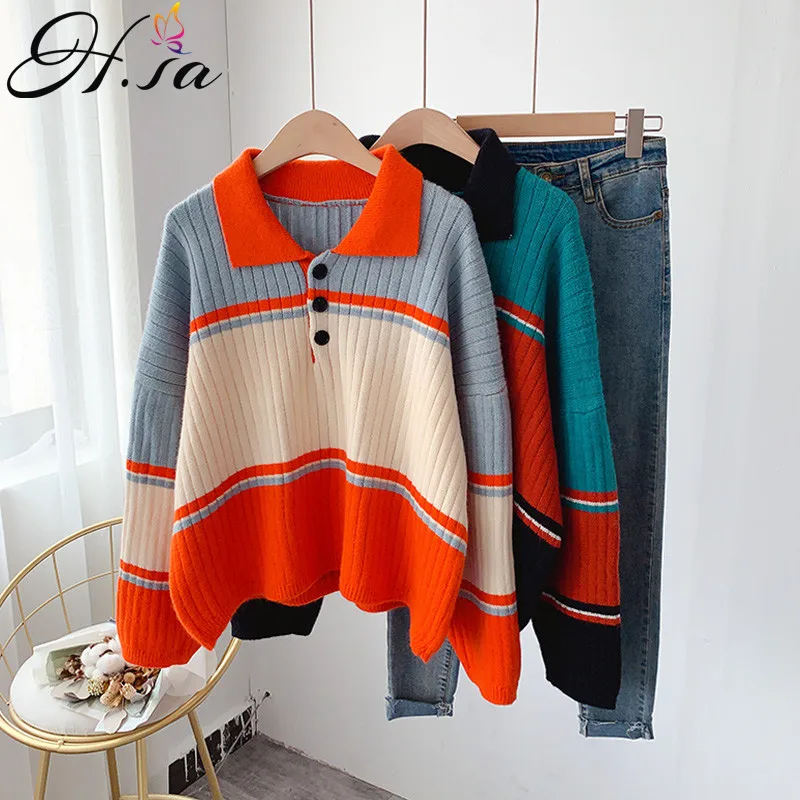 

H.SA 2020 Women Jumpers Turn Down Collar Casual Knitwear Pullovers Casual Striped Patchwork Pull Femme Hiver Orange Polo Sweater