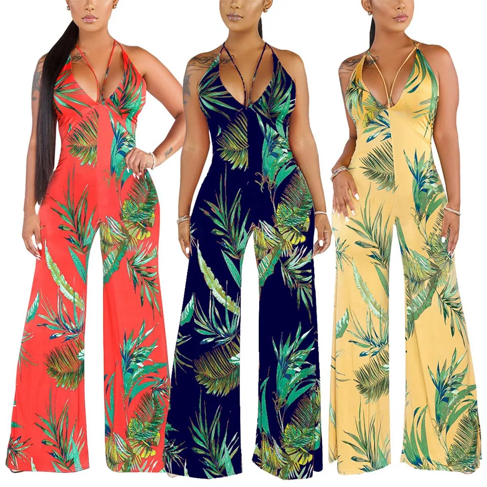 Женский комбинезон с глубоким V-образным вырезом принтом листьев | Женская одежда