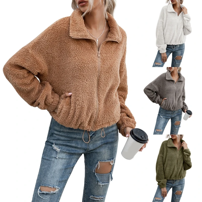 

Women Winter Double Fuzzy Plush Jacket Lapel Full Zipper Up Thicken Warm Outwear Drawstring Hem Loose Coat with Pockets 2021