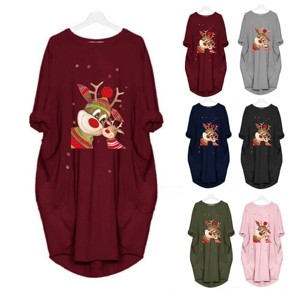 

Womens Round Neck Short Sleeve Two Elk Printed Casual Loose T-shirt Dress New