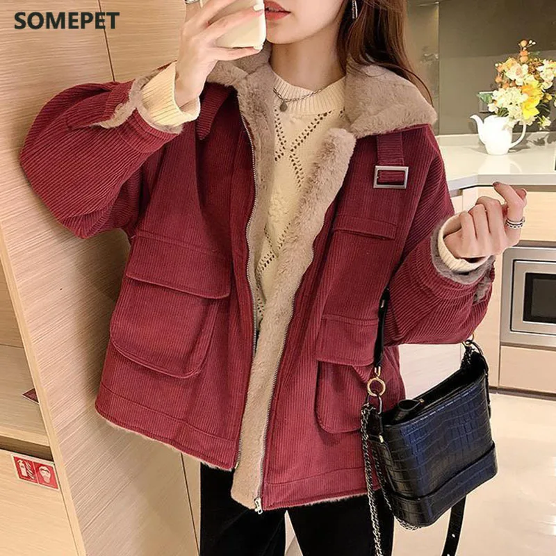 Thicken Women's Winter Jacket Korean Loose All-match Corduroy Coat for Women Oversize Casual Zipper Warm Plush Overcoat