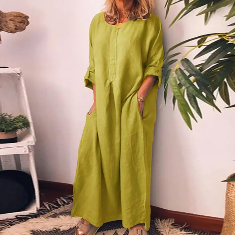 

women dresses summer 2021 plus size Women Vintage Solid Color Long Sleeve O Neck Pockets Maxi Dress Tunic Kaftan платье летнее