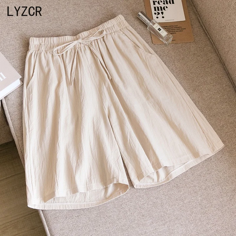 

Summer Cotton Line Shorts With High Waist Loose Wide Leg Shorts For Women Knee Length Straight Cotton Short Female Plus Size 3XL