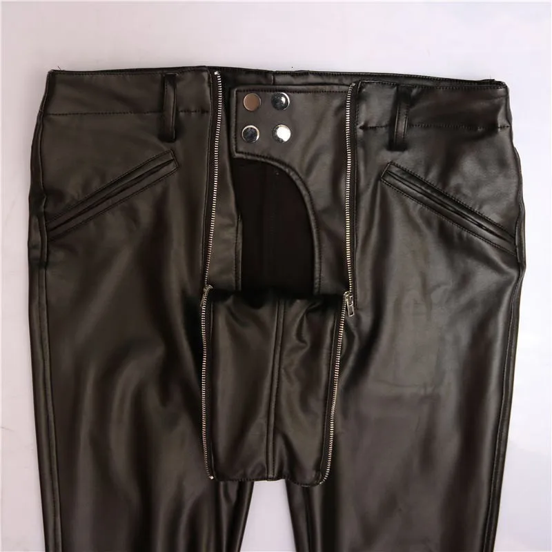 

High Elasticity Skinny Pu Leather Men Pencil Pants Motorcycle Biker Gothic Double Zippers Proctective Crotch Pants Long Trousers